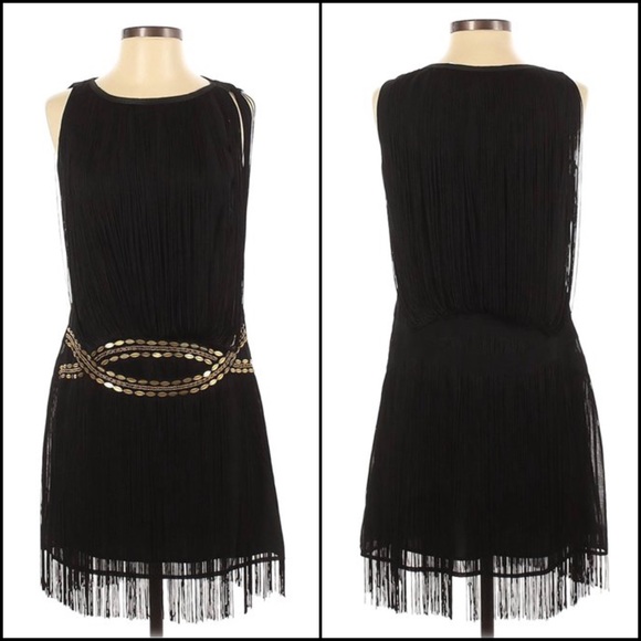 Filtre Fringe Gold Embellished Drop Waist Shift Mini Dress - Picture 3 of 10
